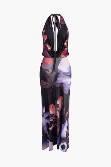 Floral Print Cowl V-neck Backless Tie Halter Maxi Dress