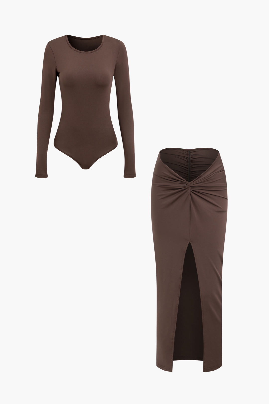 Round Neck Long Sleeve Bodysuit And Ruched Split Maxi Skirt Set