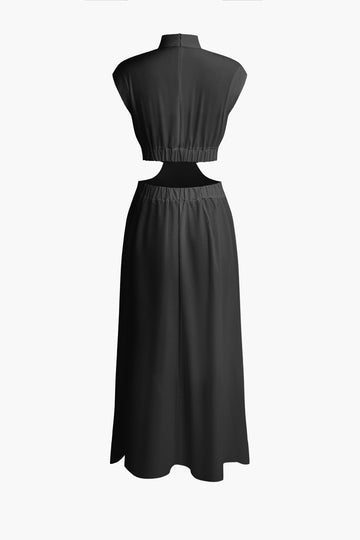 Mock Neck Cut Out Pleated Maxi Dress