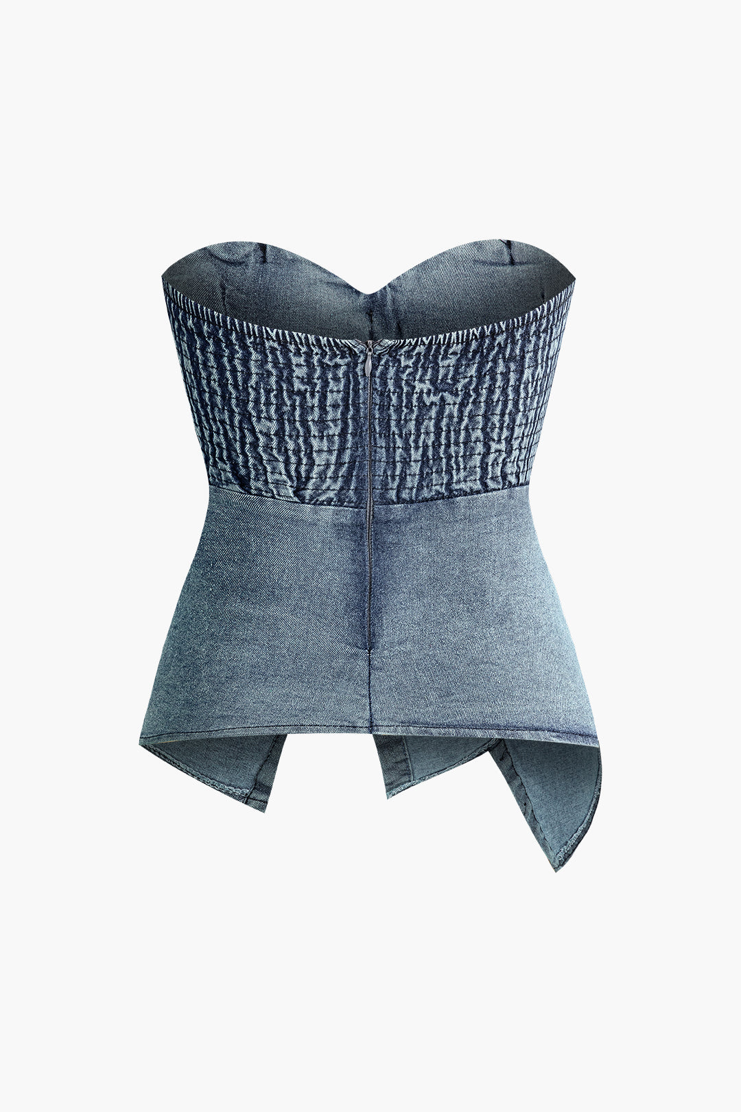 Asymmetrical Button Zipper Strapless Bustier Denim Top