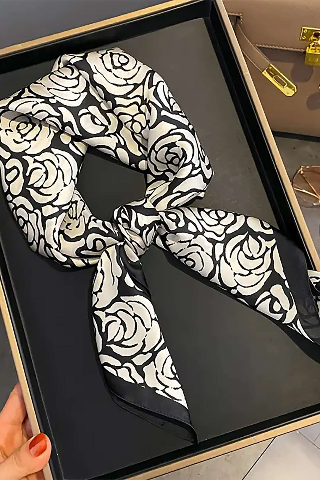 Black and White Rose Pattern Silk Scarf