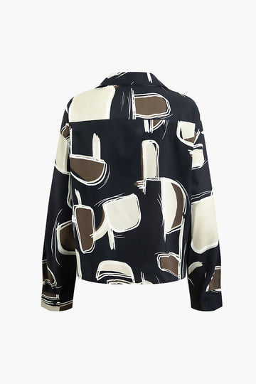 Geometric Print Notched Lapel Pocket Shirt