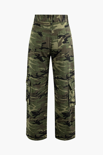 Camo High Waist Flap Pocket Straight Leg Cargo Jeans