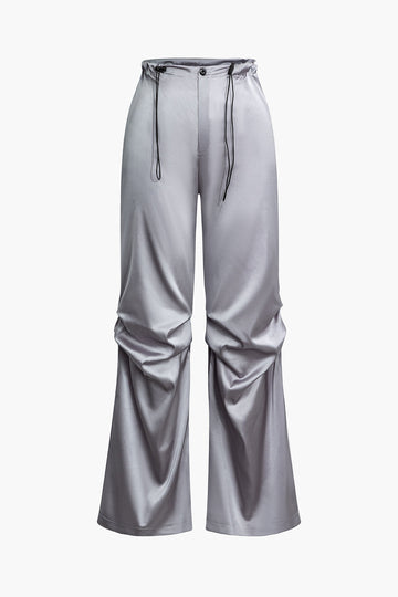 Satin Drawstring Ruched High Waist Wide Leg Pants