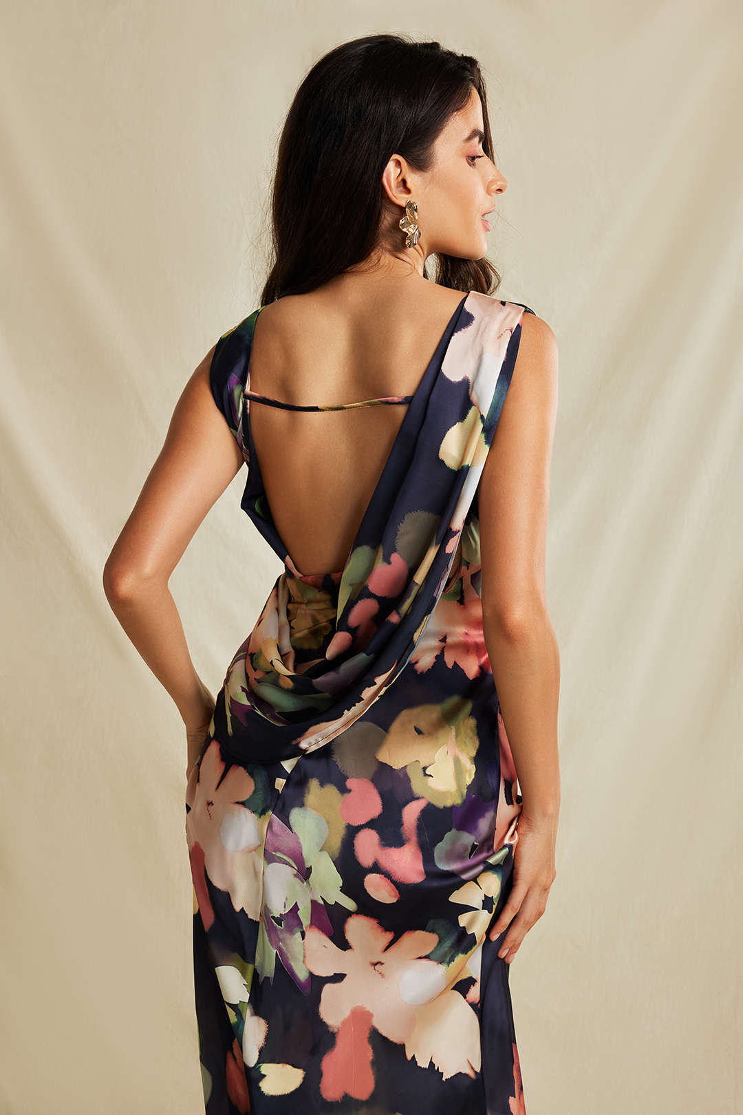 Floral Print Ruched Backless Sleeveless Slit Maxi Dress