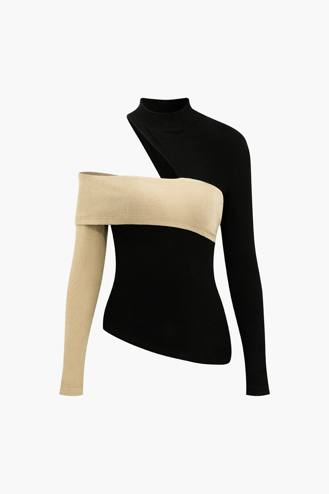 Asymmetrical Contrast Patchwork Mock Neck Cut Out Long Sleeve Top