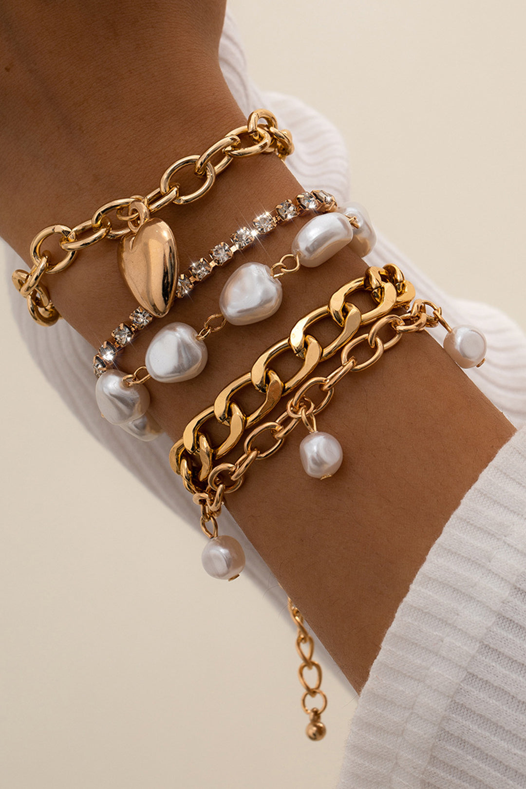 Metal Chain and Pearl Layered Bracelet Set