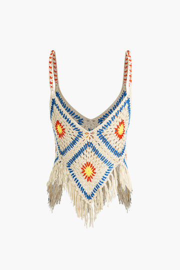 Geometric Pattern Bohemian Fringed Crochet Knit Cami Top