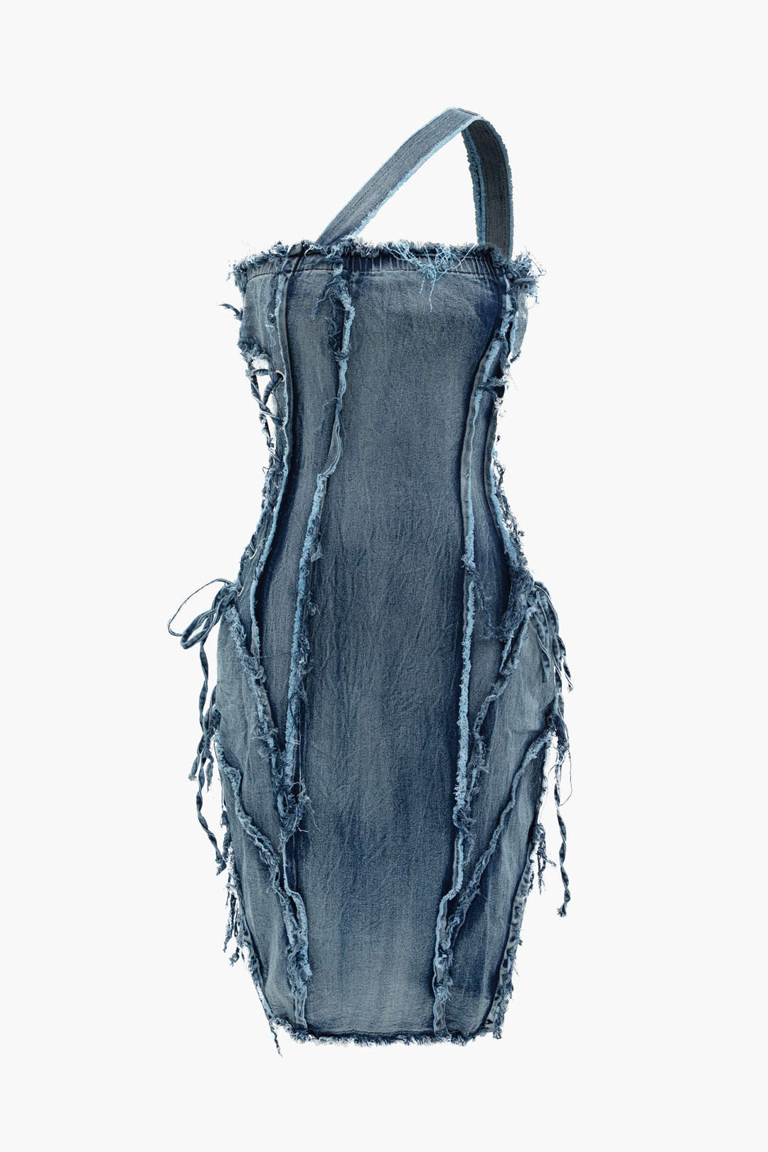 Asymmetric Frayed Denim Mini Dress