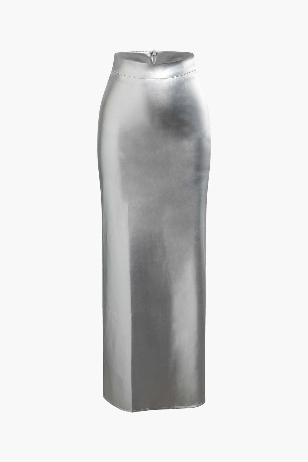 Metallic Faux Leather Slit Straight Maxi Skirt