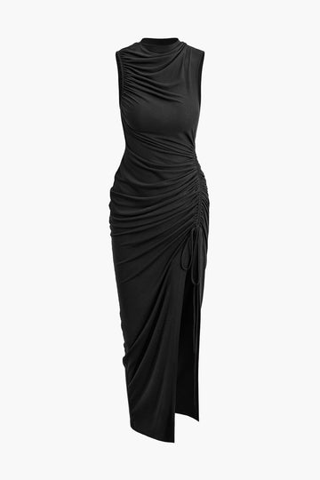 Asymmetric Ruched Drawstring Slit Sleeveless Maxi Dress