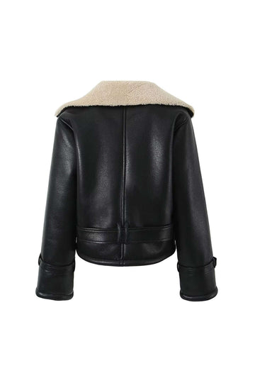 Faux Shearling Leather Jacket With Belt