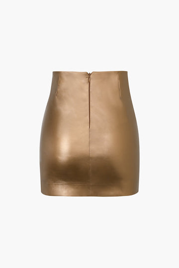 Metallic Faux Leather Knotted Mini Skirt