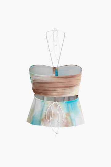 Tie Dye Ruched Mesh Halter Tank Top