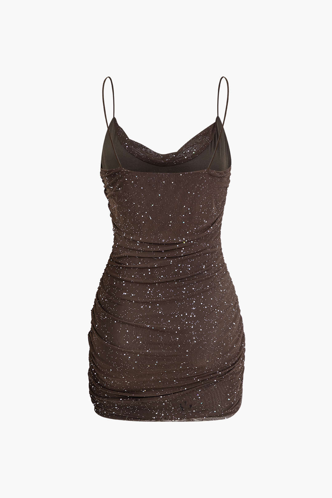 Sequin Cowl Neck Ruched Mesh Slip Mini Dress