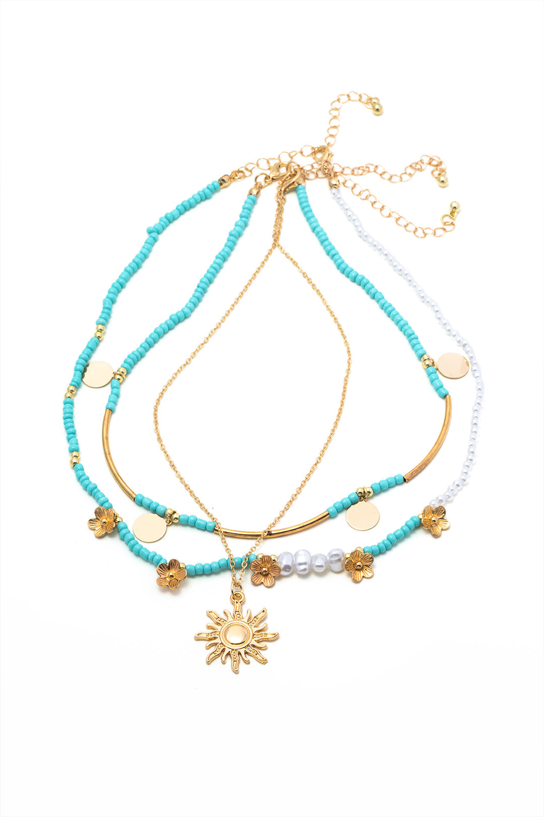 Sun Pendant Turquoise and Pearl Multi-Strand Necklace