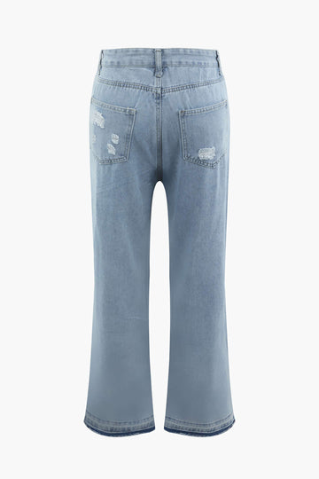 Frayed Ripped Low Rise Straight Leg Jeans