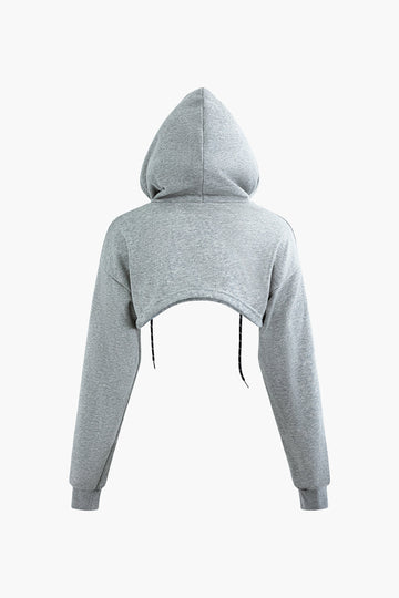 Curved Hem Drawstring Hooded Crop Sweatshirt