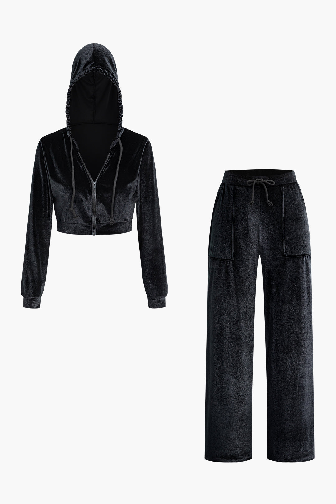 Velvet Drawstring Hooded Zipper Crop Top And Flap Pocket Straight Leg Pants Set