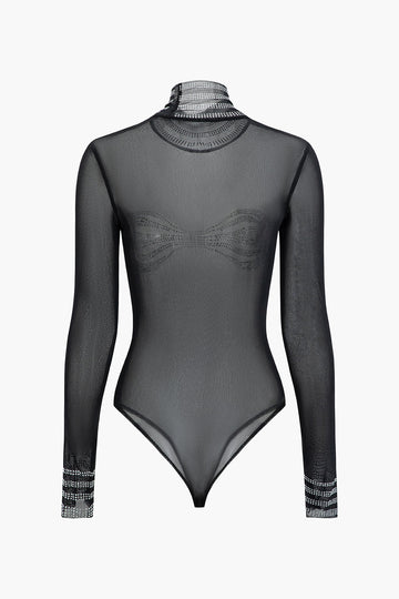 Turtleneck Rhinestone Embellished Sheer Mesh Long Sleeve Bodysuit