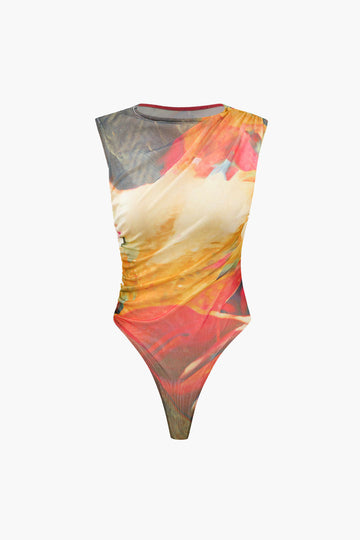 Abstract Print Mesh Sleeveless Bodysuit