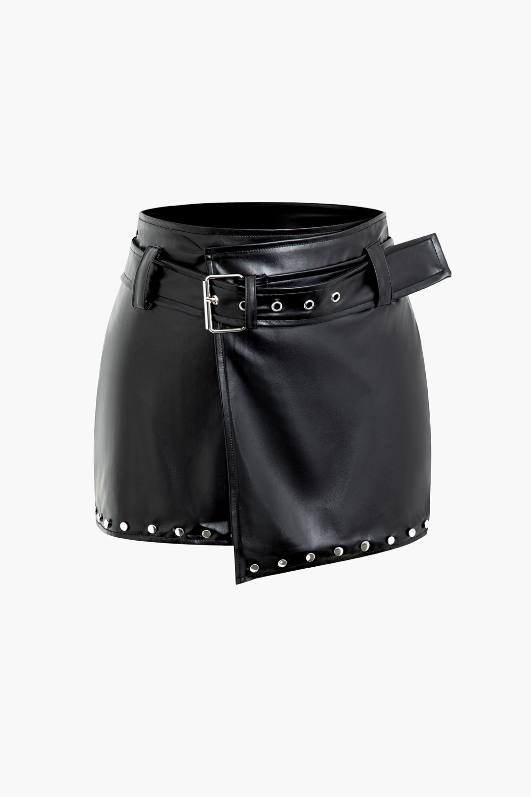 Rivet Faux Leather Wrap Mini Skirt With Belt