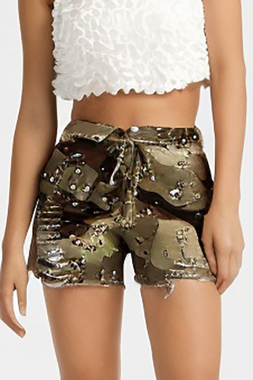 Camo Tie Waist Frayed Shorts