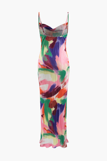 Abstract Cowl Neck Plisse Maxi Dress