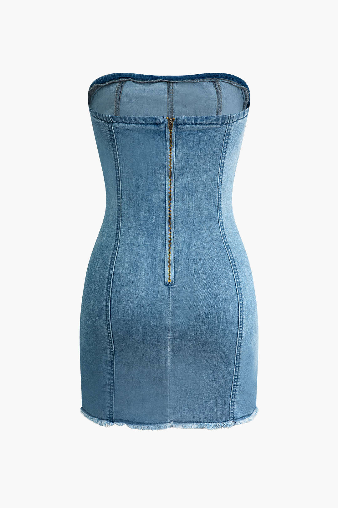 Frayed Strapless Denim Mini Dress