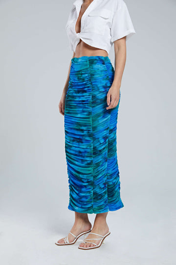 Abstract Print Gathered Slit Midi Skirt