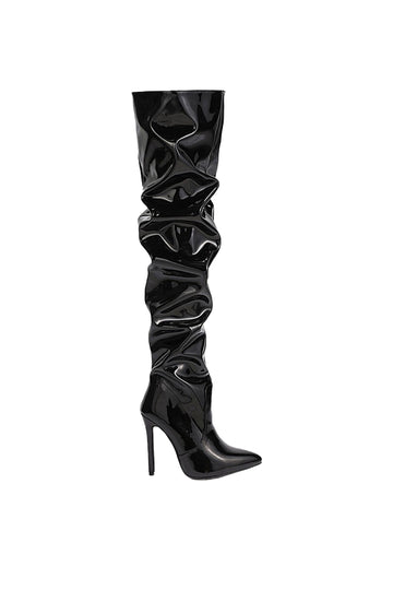 Artificial Patent Leather Pointed Toe Knee High-heeled Boots