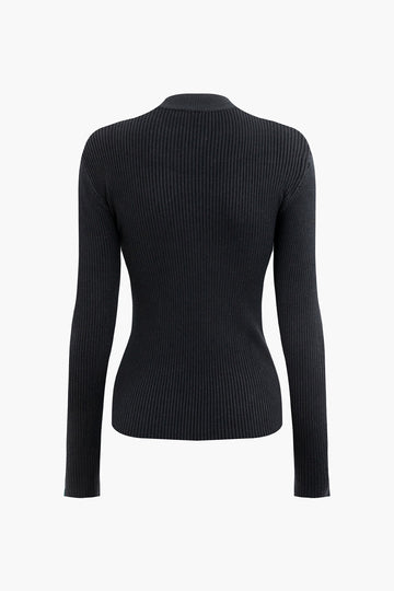 Long Sleeve Cut Out Button Ribbed Knit Wrap Top