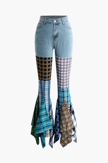 Patchwork Plaid Flare Leg Jeans