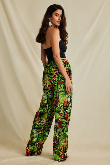 Palm Leaf Print Elastic Straight Leg Pants