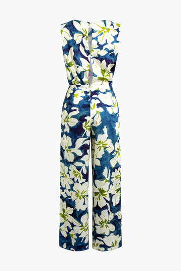 Floral Print Open Back Design Sleeveless Jumpsuit