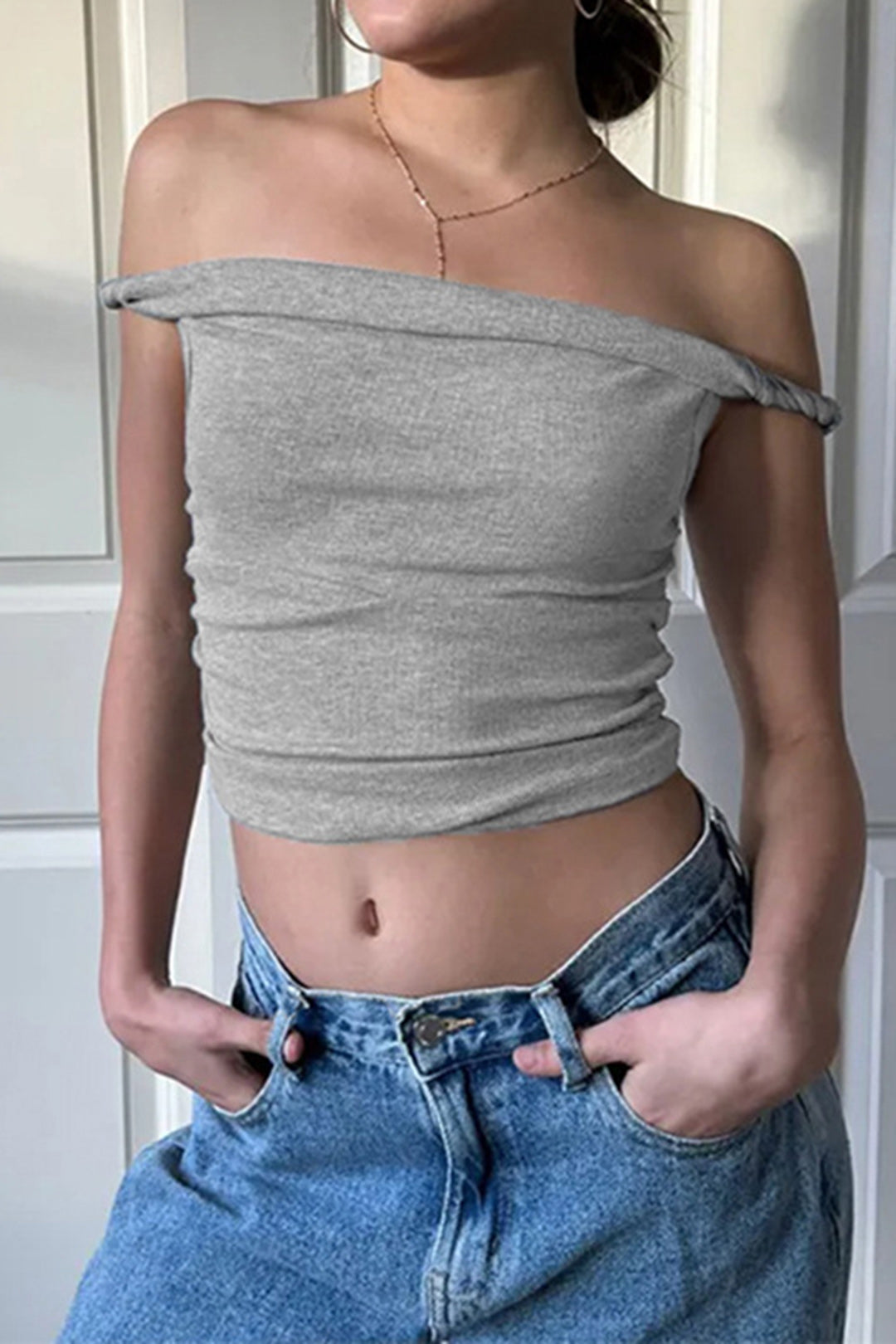 Twist Off Shoulder Crop T-shirt