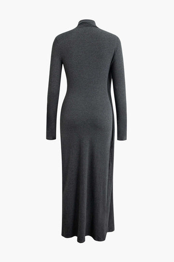 Mock Neck Wrap Ruched Long Sleeve Slit Maxi Dress