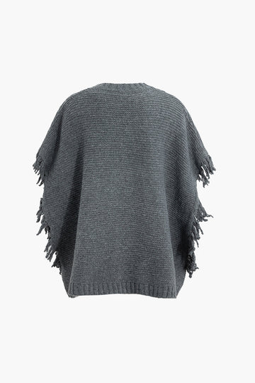 Fringe Trim Cable Knit Cloak Top