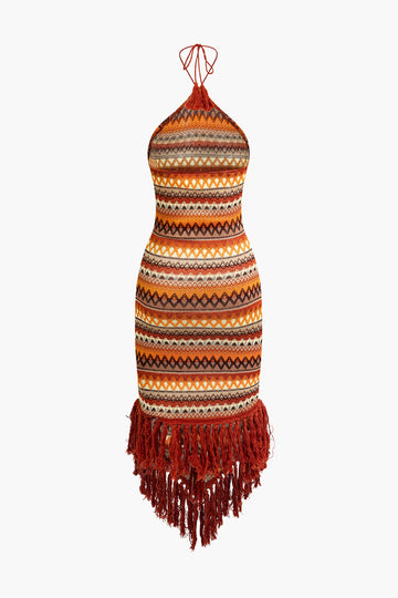 Fringe and Colorful Pattern Bohemian Halter Midi Dress