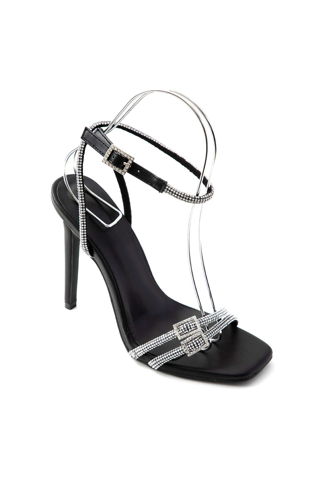 Rhinestone Strap Square-toe High-heeled Sandals