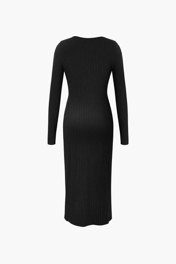 Ribbed Twist Detail Long Sleeve Midi Dress