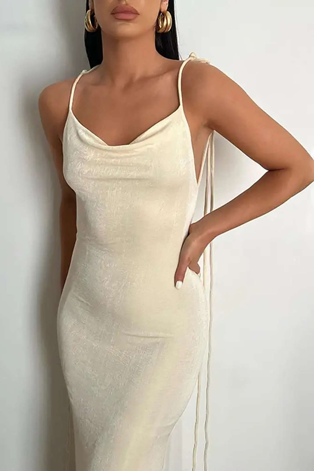 Cowl Neck Backless Tie Maxi Dress