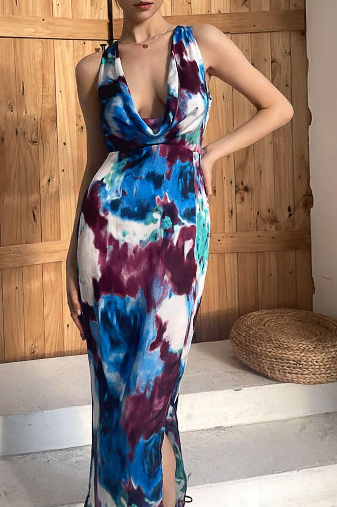 Tie Dye Cowl Neck Slit Maxi Dress