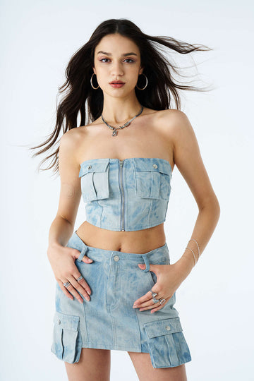 Tie Dye Cargo Denim Mini Skirt