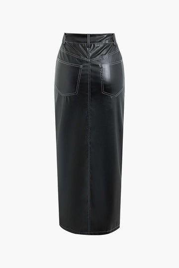 Stitching Detail Faux Leather Split Maxi Skirt