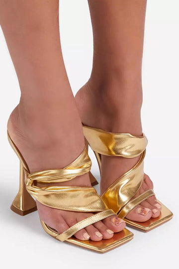 Metallic Ruched Square-toe High Heels Sandals