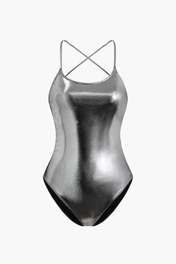 Tummy Control Metallic Backless Criss Cross One-Piece Swimsuit