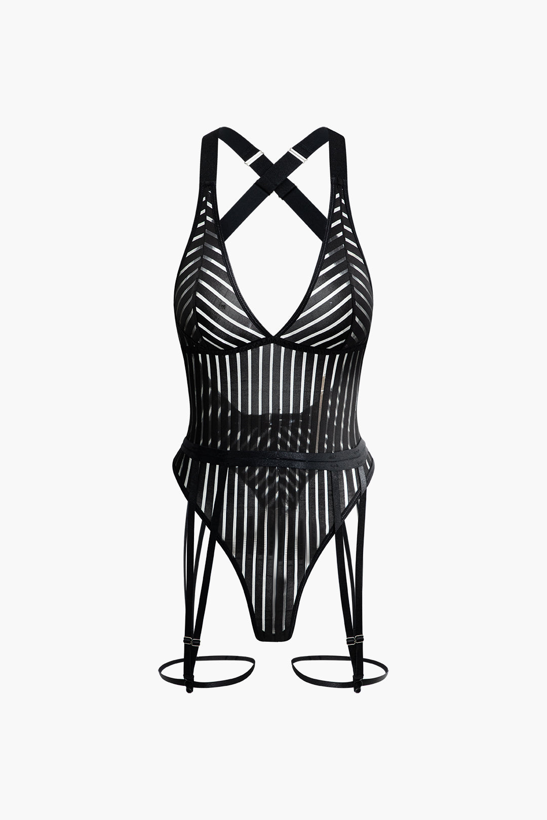 Stripe Cross Strap V-neck Backless Bodysuit