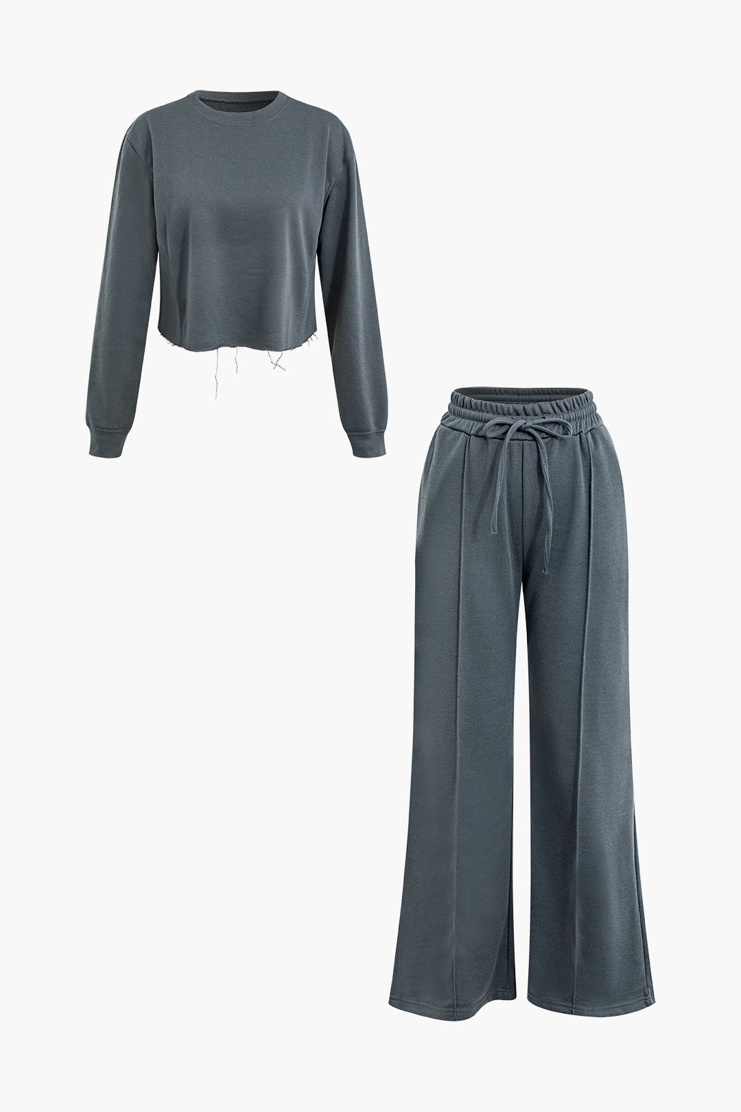 Frayed Hem Long Sleeve Sweatshirt And Drawstring Wide Leg Pants Set