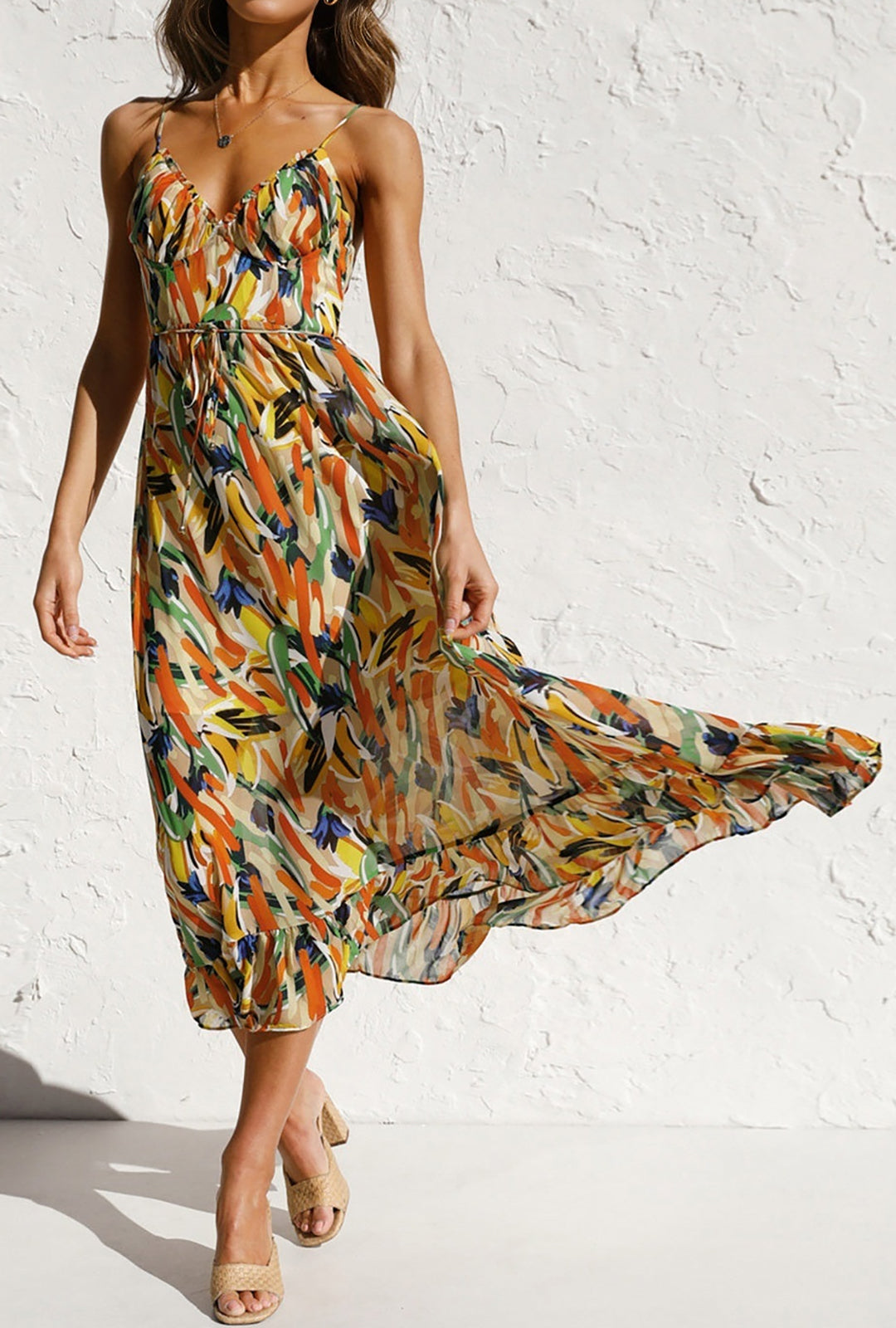 Abstract Print Ruffle Trim Spaghetti Strap Midi Dress